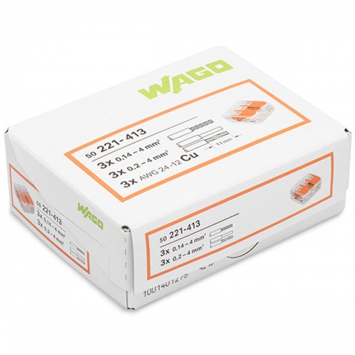 Conector Wago 3P 02 A 4,0M 32A 221-413 - Kit C/50 Unidades