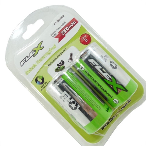 Pilha Recarregavel Flexgold Grande ''D'' Com 2 Pecas 2900Mah Fx-D29B2
