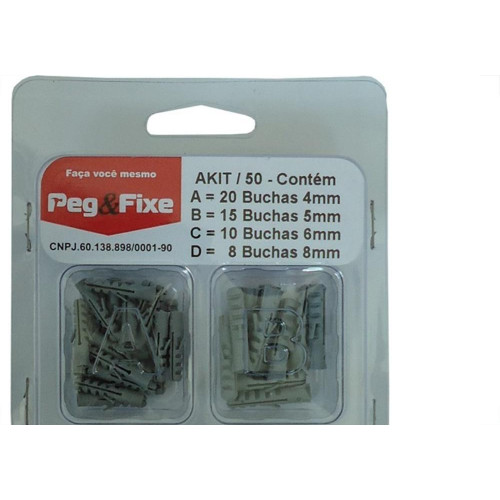 Cartela Bucha Fixacao 4A8Mm Peg&Fixe Kit Com 53 Pecas Akit/50