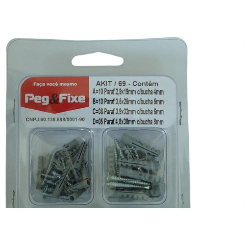 Cartela Bucha Fixacao 4A8Mm+Parafuso Phillips Peg&Fixe Kit 66 Pecas Akit/69