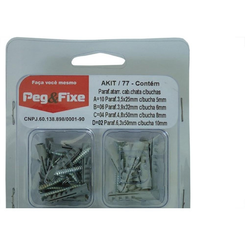 Cartela Bucha Fixacao 5A10Mm+Parafuso Phillips Peg&Fixe Kit 44 Pecas Akit/77