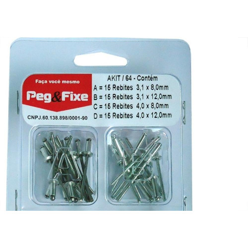 Cartela Rebite Repuxo Aluminio Peg&Fixe Kit 60 Pecas Akit/64