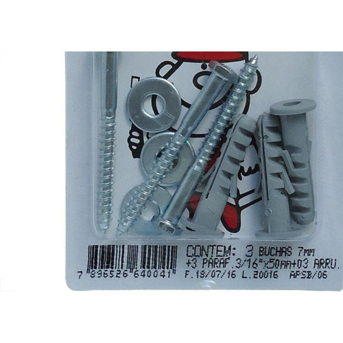 Cartela Bucha Fixacao 07+Parafuso Sextavado 3/16 X 50 Peg&Fixe Kit 9 Pecas Apsb/06