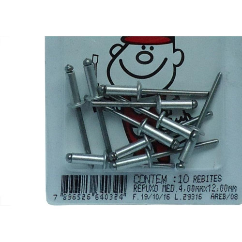 Cartela Rebite Repuxo Aluminio 4 X 12Mm Peg&Fixe 10 Pecas Areb/08