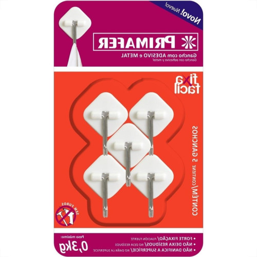 Gancho Adesivo Primafer Branco Plastico/Metal 0,3 1Kg 5Peca Losango Pr2561