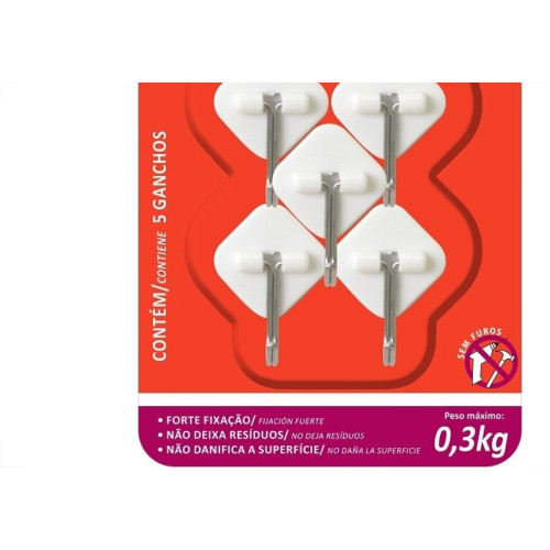 Gancho Adesivo Primafer Branco Plastico/Metal 0,3 1Kg 5Peca Losango Pr2561