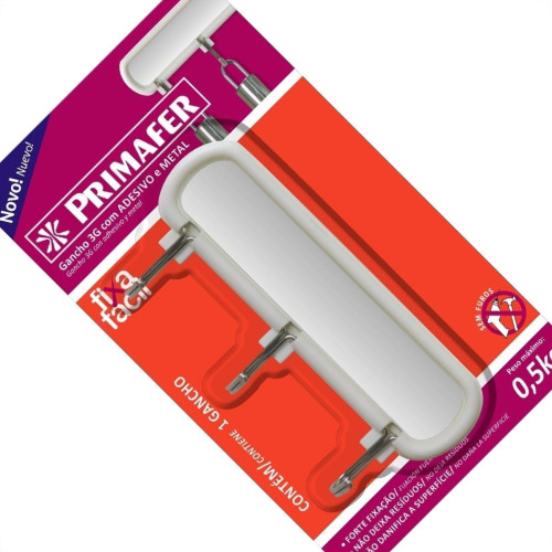 Gancho Adesivo Primafer Branco Plastico/Metal 0,3 1Kg 1Peca Com 3 Ganchos Pr2563