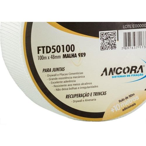 Fita Drywall Ancora Telada Fibra De Vidro 48Mmx100M Ftd50100