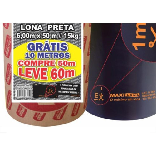 Lona Plastica Maxilona Preta Reciclada 6X 50M+10M 15Kg 70 Micras 1.01.0026