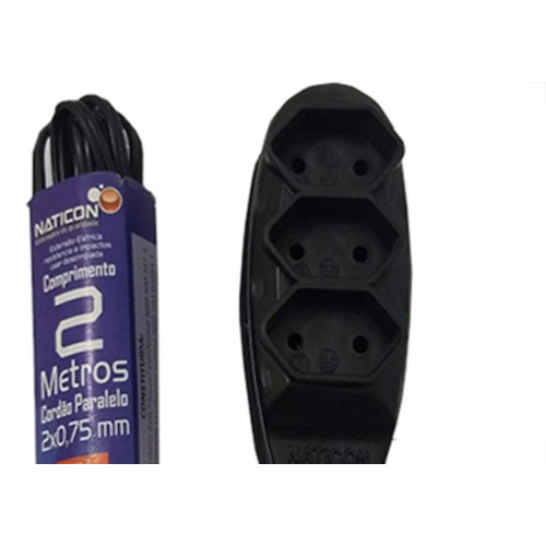Extensao Naticon Tripla Paralela 2X0,75 Preta 2M 559