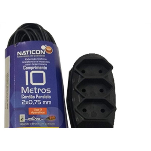 Extensao Naticon Tripla Paralela 2X0,75 Preta 10M 562