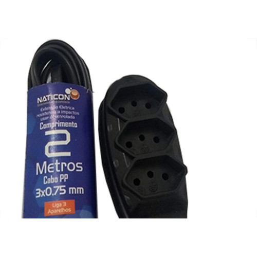 Extensao Naticon Tripla 2P+T Pp 2X0,75 Preta 2M 563