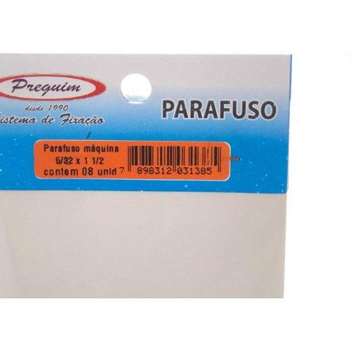 Cartela Parafuso Rosca Maquina Preguim   Redonda 5/32 X 11/2+Porca+Arruela Com 08 Pecas 1385