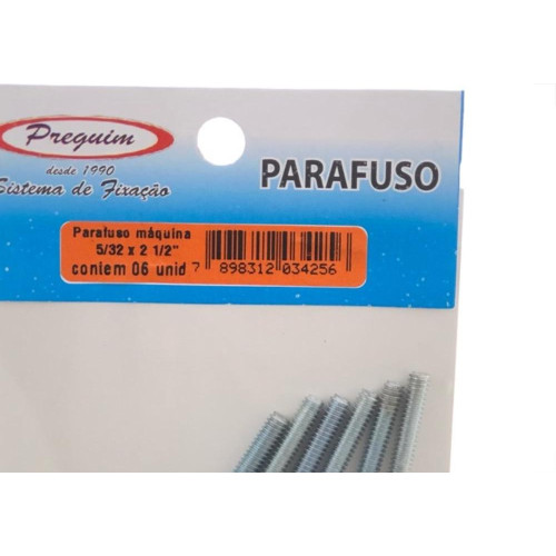 Cartela Parafuso Rosca Maquina Preguim   Redonda 5/32 X 21/2+Porca+Arruela Com 06 Pecas 4256