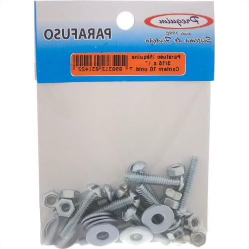 Cartela Parafuso Rosca Maquina Preguim   Redonda 3/16 X 1.Porca+Arruela Com 10 Pecas 1422
