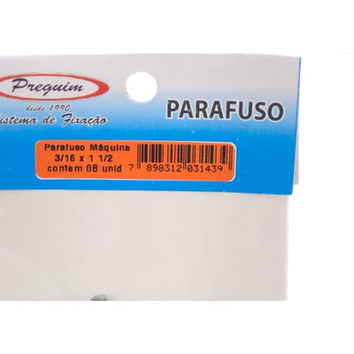 Cartela Parafuso Rosca Maquina Preguim   Redonda 3/16 X 11/2+Porca+Arruela Com 08 Pecas 1439
