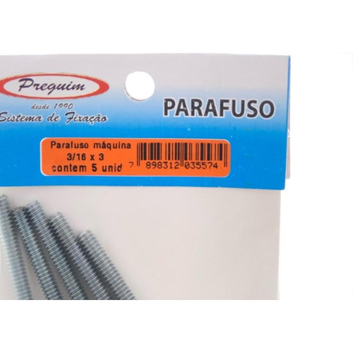 Cartela Parparafuso Rosca Maquina Preguim   Redonda 3/16 X 3-Porca+Arruela Com 05 Pecas 5574