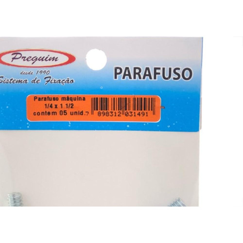 Cartela Parafuso Rosca Maquina Preguim   Redonda 1/4 X 11/2+Porca+Arruela Com 05 Pecas 1491