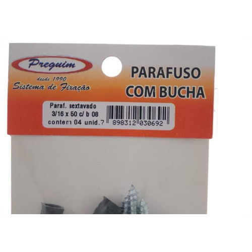 Cartela Parafuso Madeira Preguim Com Bucha 08Mm Sextavado Com 04 Pecas 0692