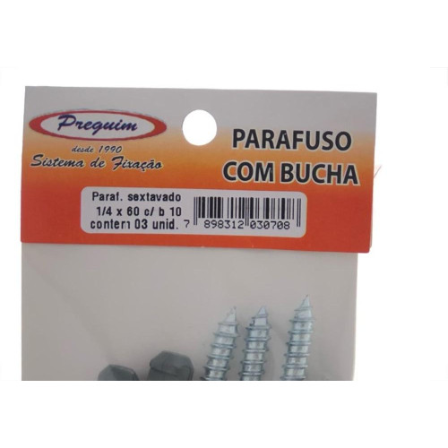 Cartela Parafuso Madeira Preguim Com Bucha 10Mm Sextavado Com 03 Pecas 0708