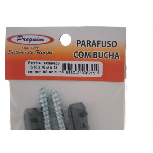 Cartela Parafuso Madeira Preguim Com Bucha 12Mm Sextavado Com 02 Pecas 0715