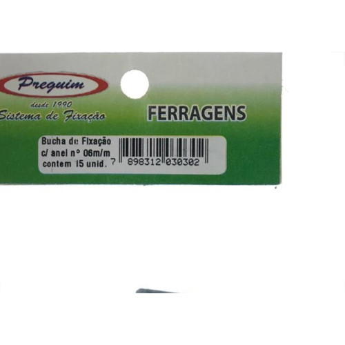 Cartela Bucha Fixacao Preguim Com Anel 06 Com 15 Pecas 0302