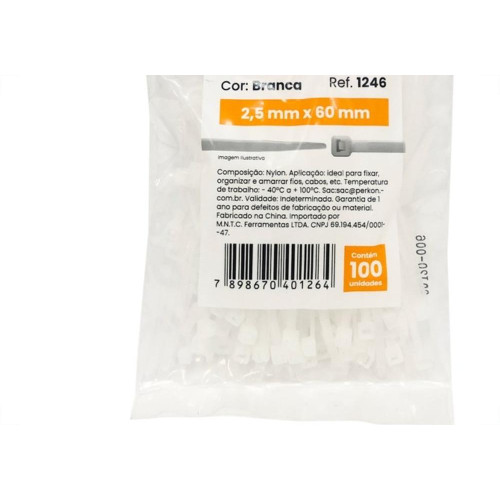 Abracadeira Nylon Perkon Branca 2,5X 60 100 Pecas 1246