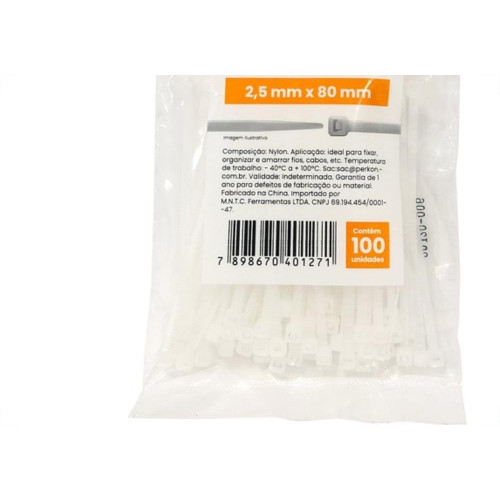 Abracadeira Nylon Perkon Branca 2,5X 80 100 Pecas 1247