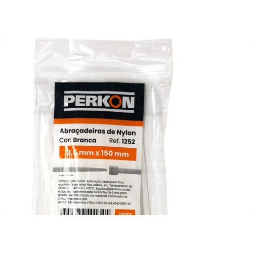 Abracadeira Nylon Perkon Branca 3,5X150 100 Pecas 1252