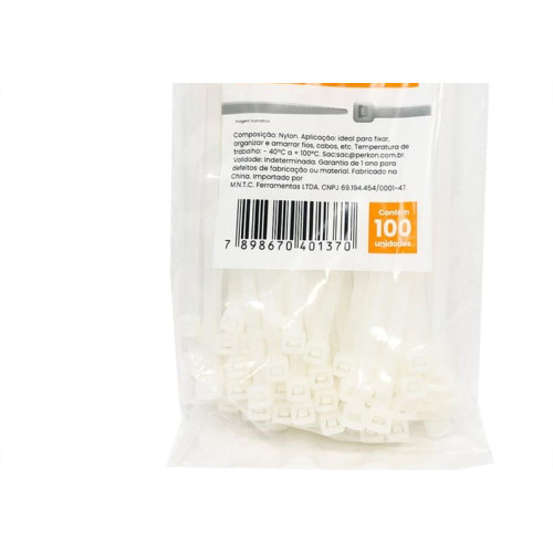Abracadeira Nylon Perkon Branca 4,8X150 100 Pecas 1257