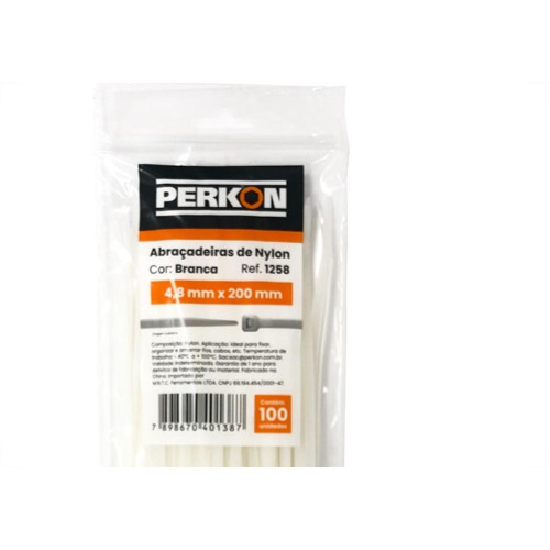Abracadeira Nylon Perkon Branca 4,8X200 100 Pecas 1258