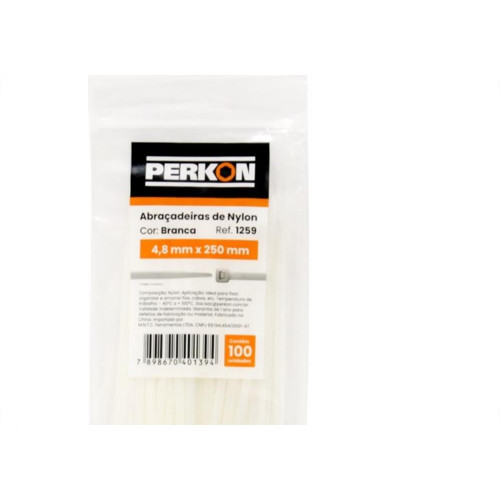 Abracadeira Nylon Perkon Branca 4,8X250 100 Pecas 1259