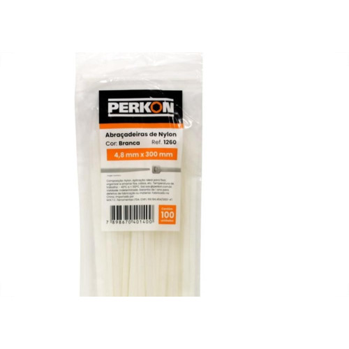 Abracadeira Nylon Perkon Branca 4,8X300 100 Pecas 1260