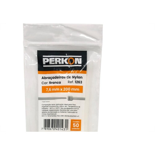 Abracadeira Nylon Perkon Branca 7,6X200 50 Pecas 1263