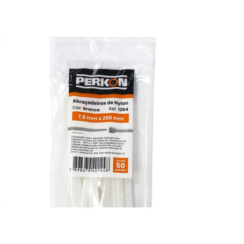 Abracadeira Nylon Perkon Branca 7,6X250 50 Pecas 1264