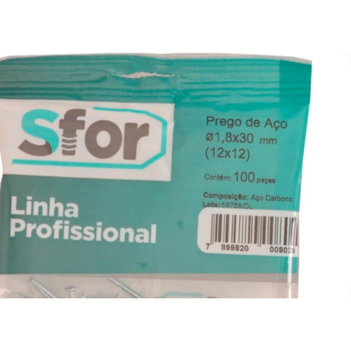 Prego Aco Sforplast Com Cabeca  12X12 (1,80X28mm)   100pcs 