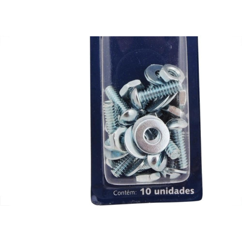 Cartela Parafuso Rosca Maquina Brasfort   Redonda 3/16 X 5/8+Porca+Arruela Cartela Com 10 Pecas 7728