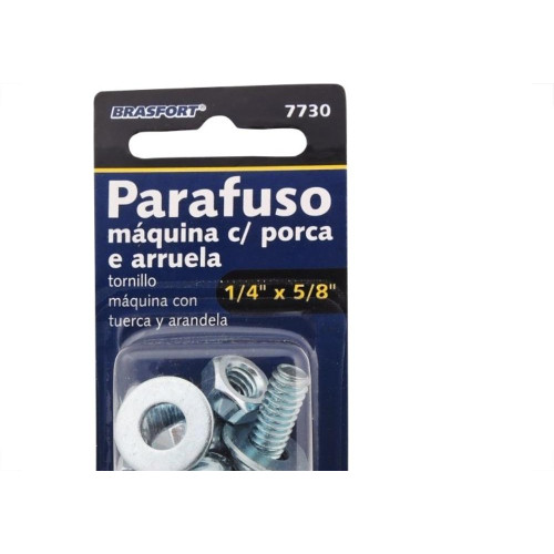 Cartela Parafuso Rosca Maquina Brasfort   Redonda 1/4 X 5/8+Porca+Arruela Cartela Com 8 Pecas 7730