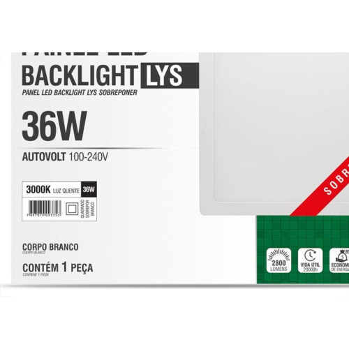 Luminaria Led Plafon Taschibra Lys Externo Quadrado 36W 3000K 40Cm 