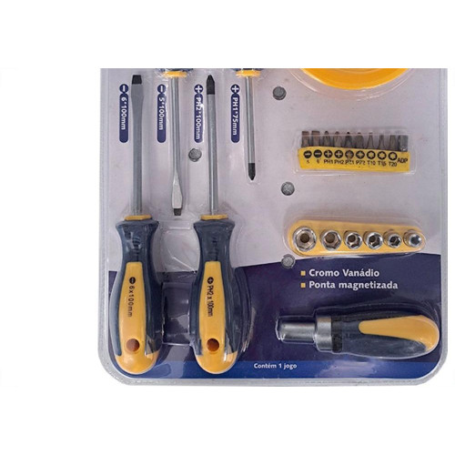 Kit Ferramenta Brasfort 22 Pecas Chave Fenda/Phillips/Bits/Catraca E Prato Magnetico