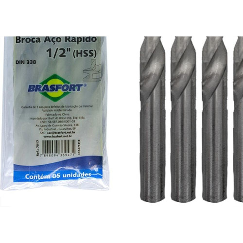 Broca Aco Rapido Brasfort   1/2'' - 7517 - Kit C/5 Pecas