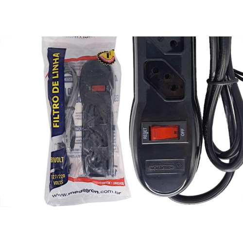 Filtro Linha Megatron 3 Tomadas 2 Polos + Terra Preto