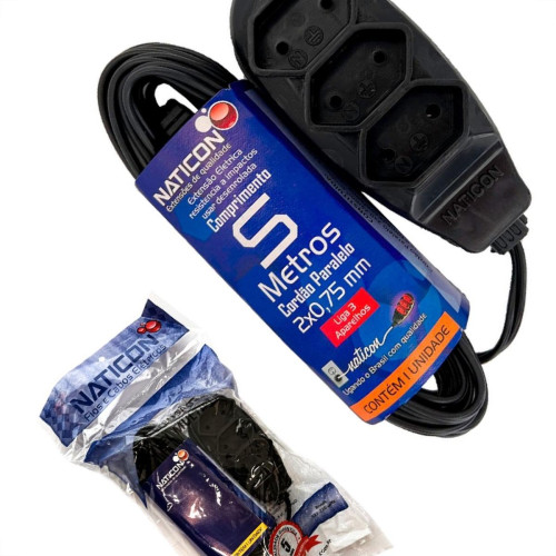 Extensao Naticon Paralela 2 Polos 0,75Mm Preta - 5M
