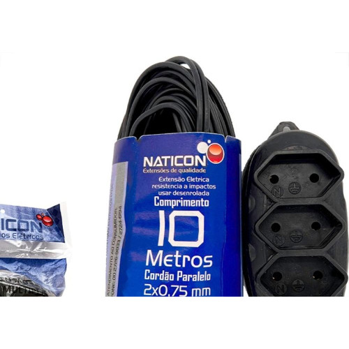 Extensao Naticon Paralela 2 Polos 0,75Mm Preta -10M