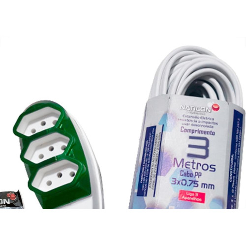Extensao Naticon Pp 2 Polos + Terra 0,75Mm Branca - 3M