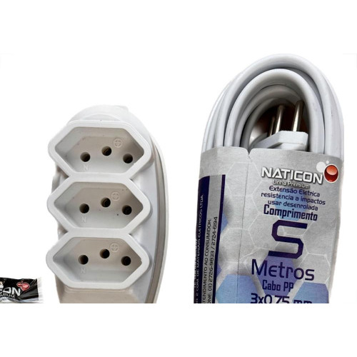 Extensao Naticon Pp 2 Polos + Terra 0,75Mm Branca - 5M
