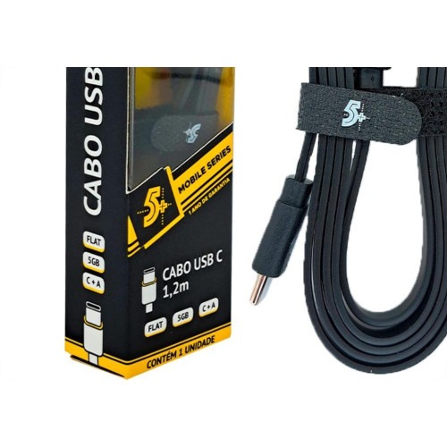 Cabo Usb Tipo C Mobile Para Carregador Pix Flat 5Gb - 1,20M Preto - 018-0038
