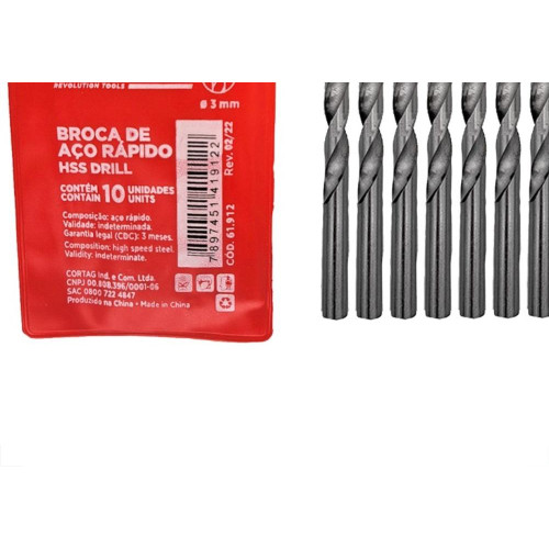 Broca Aco Rapido Cortag 3,0Mm - 61912 - Kit C/10 Pecas