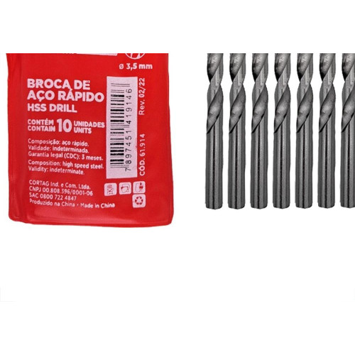 Broca Aco Rapido Cortag 3,5Mm - 61914 - Kit C/10 Pecas