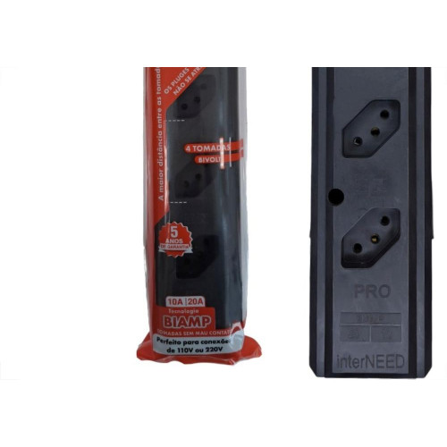Tomada Barra Interneed Pro45 - 2 Polos +Terra Preta 20A. Quadrupla